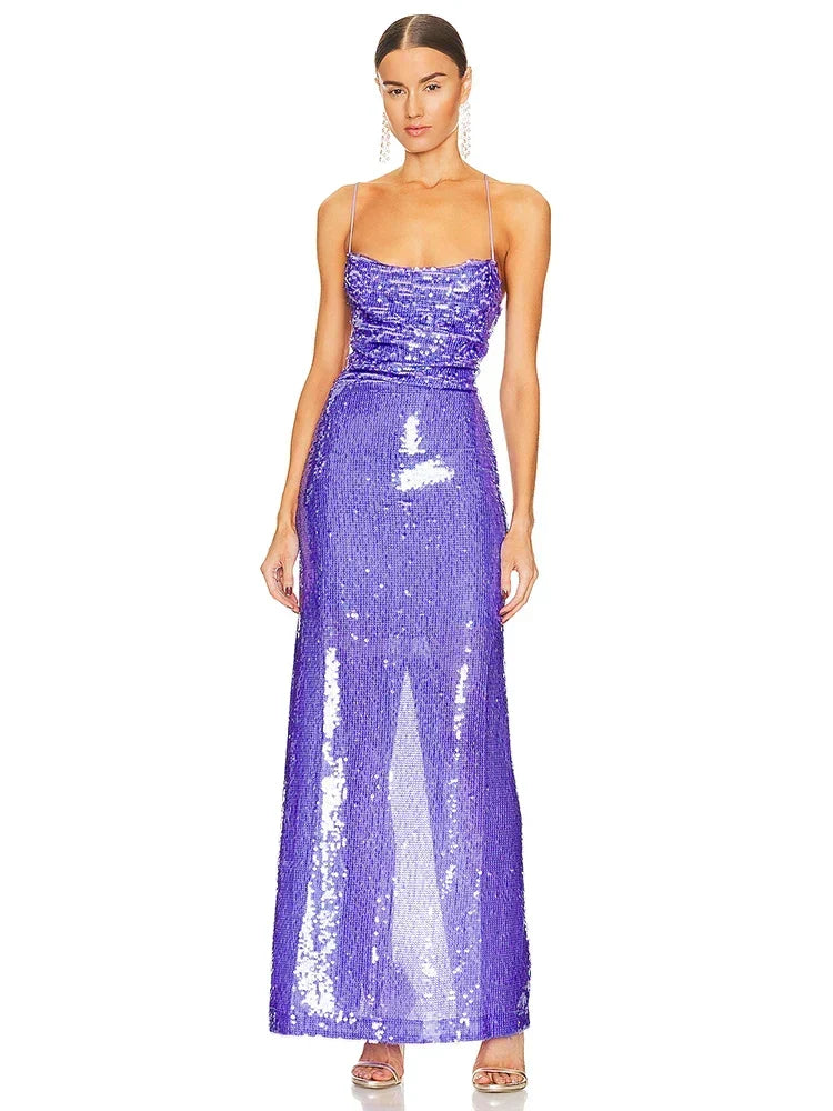 Sequin Square Neck Spaghetti Strap Cross Back Maxi Dress 7