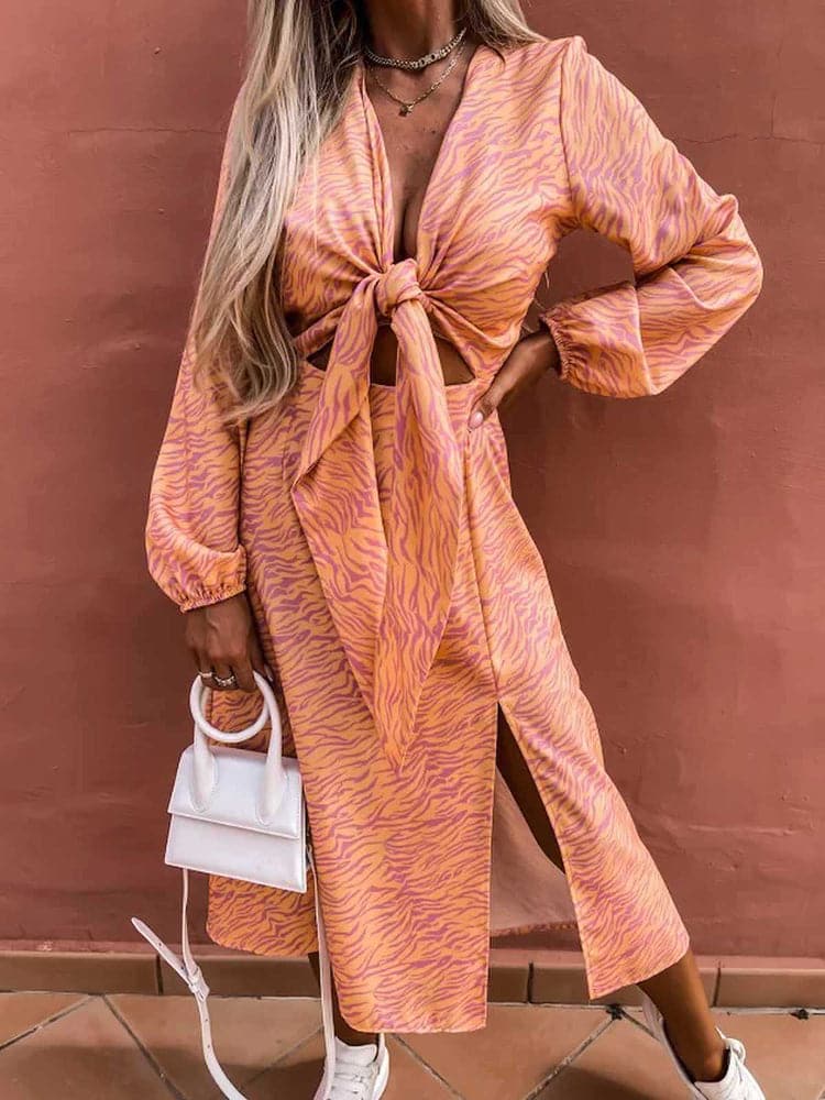 Animal Print Deep V-Neck Tie Front Cut Out Long Sleeve Split Midi Dress 7