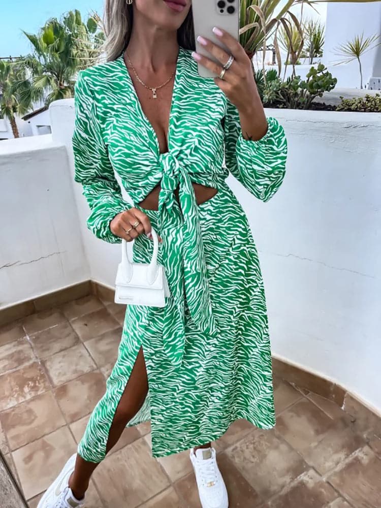 Animal Print Deep V-Neck Tie Front Cut Out Long Sleeve Split Midi Dress 2