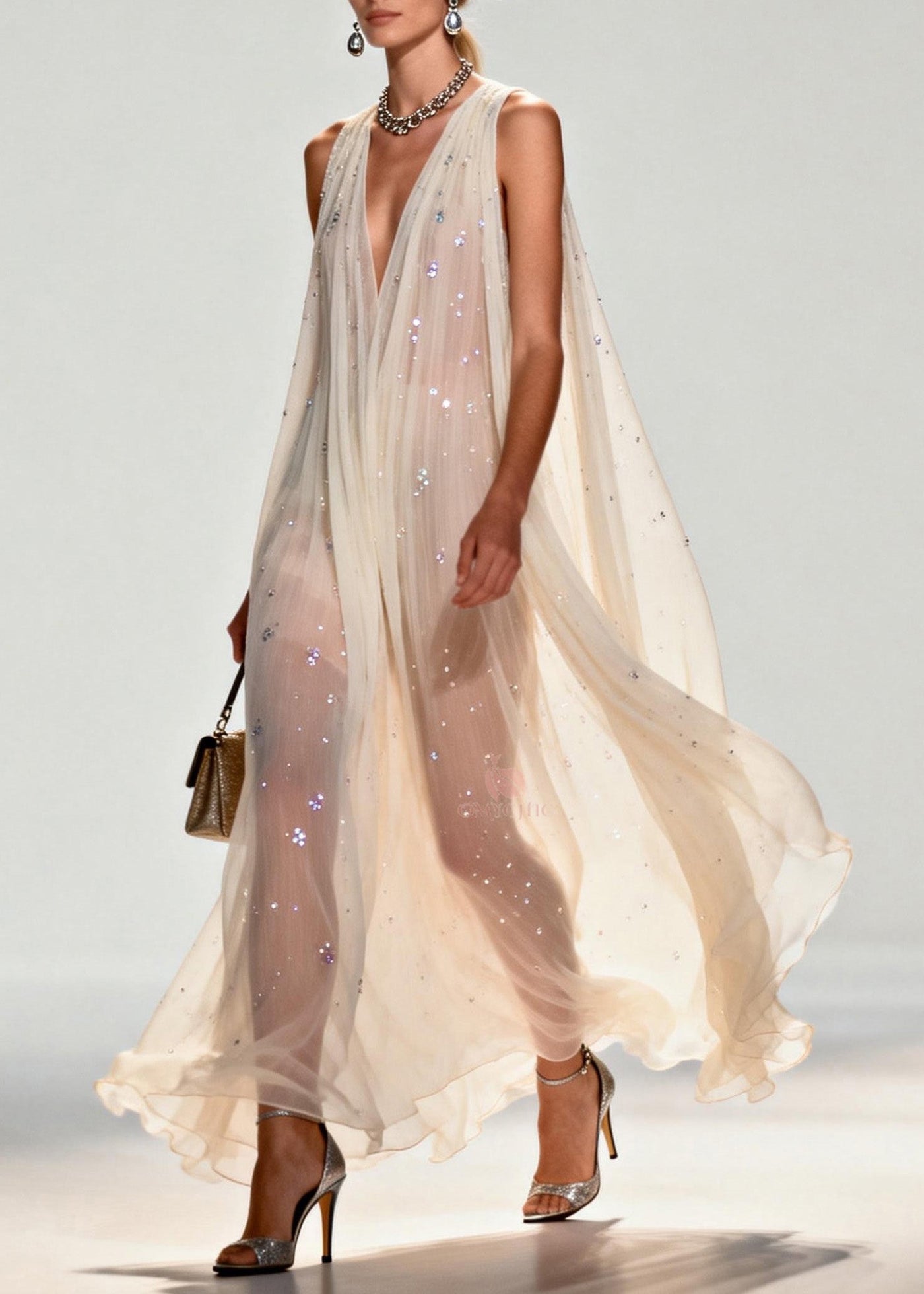 New Style V Neck Zircon Chiffon Maxi Dress Sleeveless