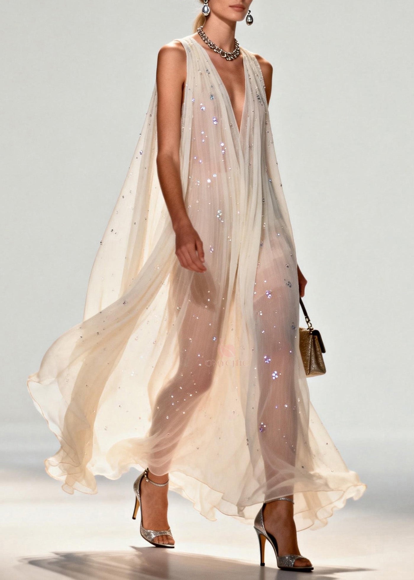 New Style V Neck Zircon Chiffon Maxi Dress Sleeveless 3