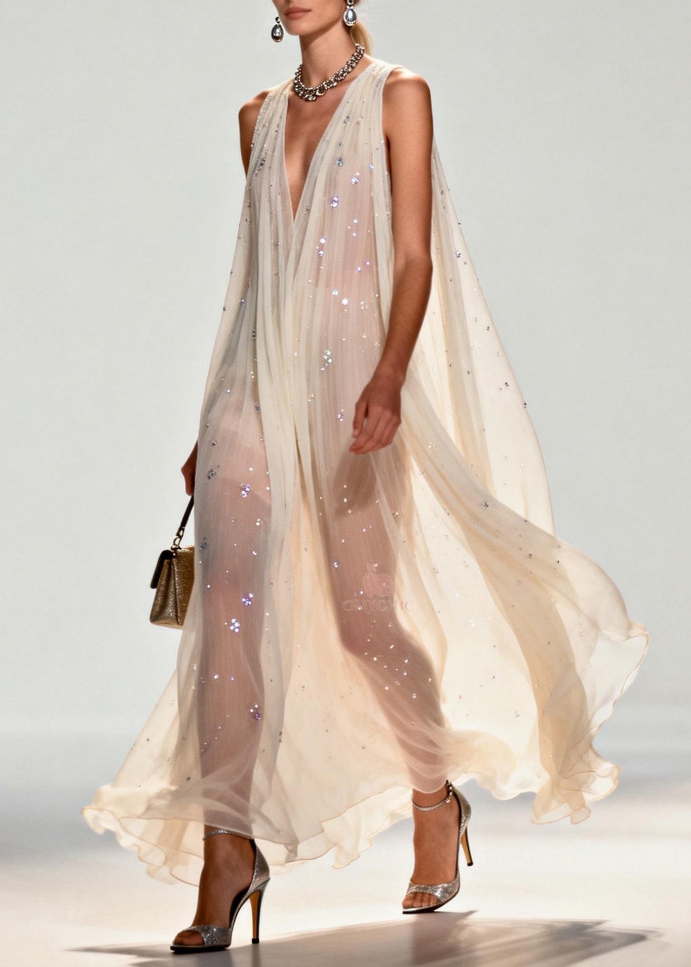 New Style V Neck Zircon Chiffon Maxi Dress Sleeveless 5