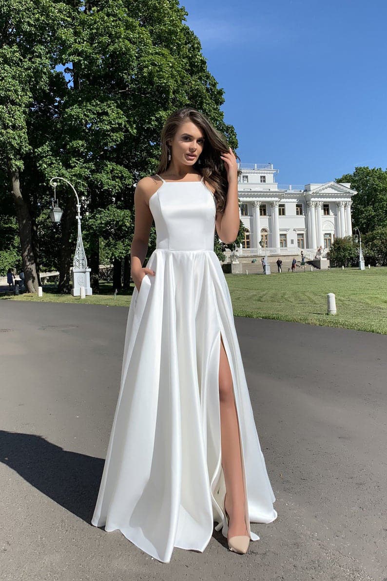 Satin Square Neck High Split A-Line Maxi Dress