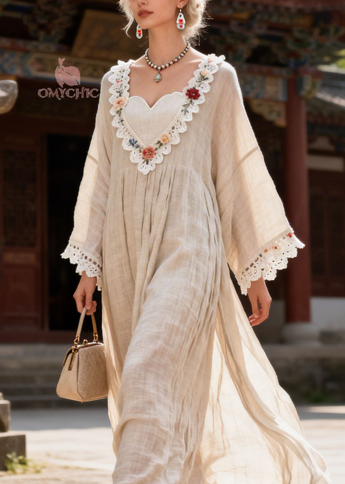 Woven Lace Trim Floral Embroidery Bell Sleeve Empire Waist Maxi Dress