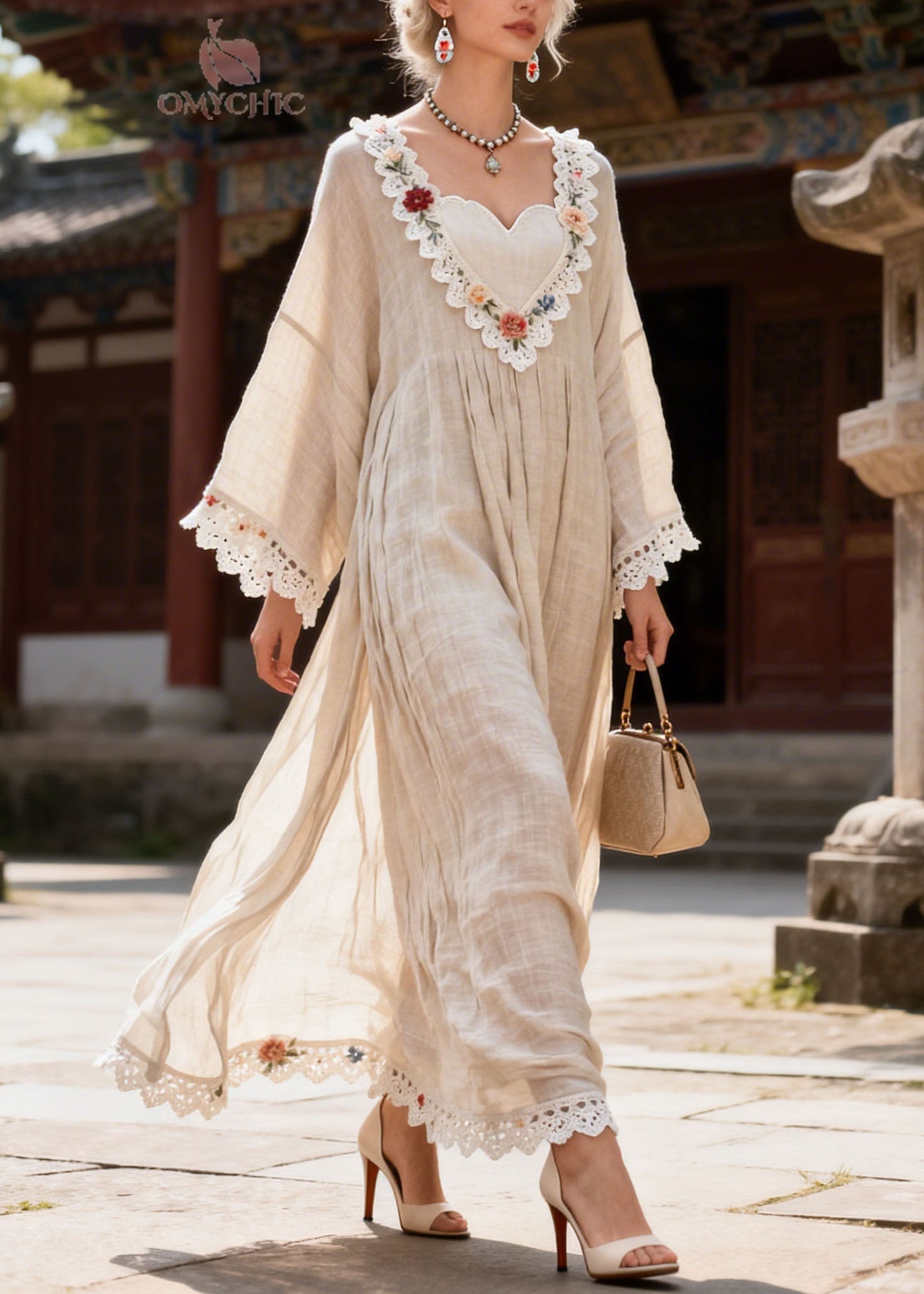 Woven Lace Trim Floral Embroidery Bell Sleeve Empire Waist Maxi Dress