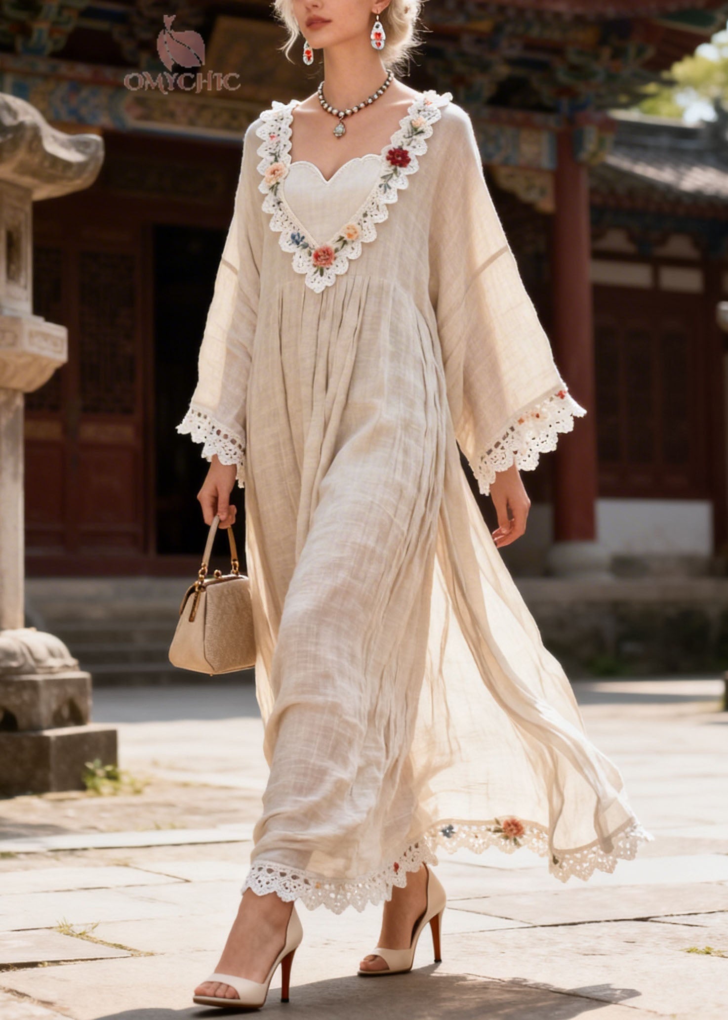 Woven Lace Trim Floral Embroidery Bell Sleeve Empire Waist Maxi Dress