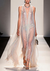 New V Neck Zircon Chiffon Maxi Dresses Sleeveless