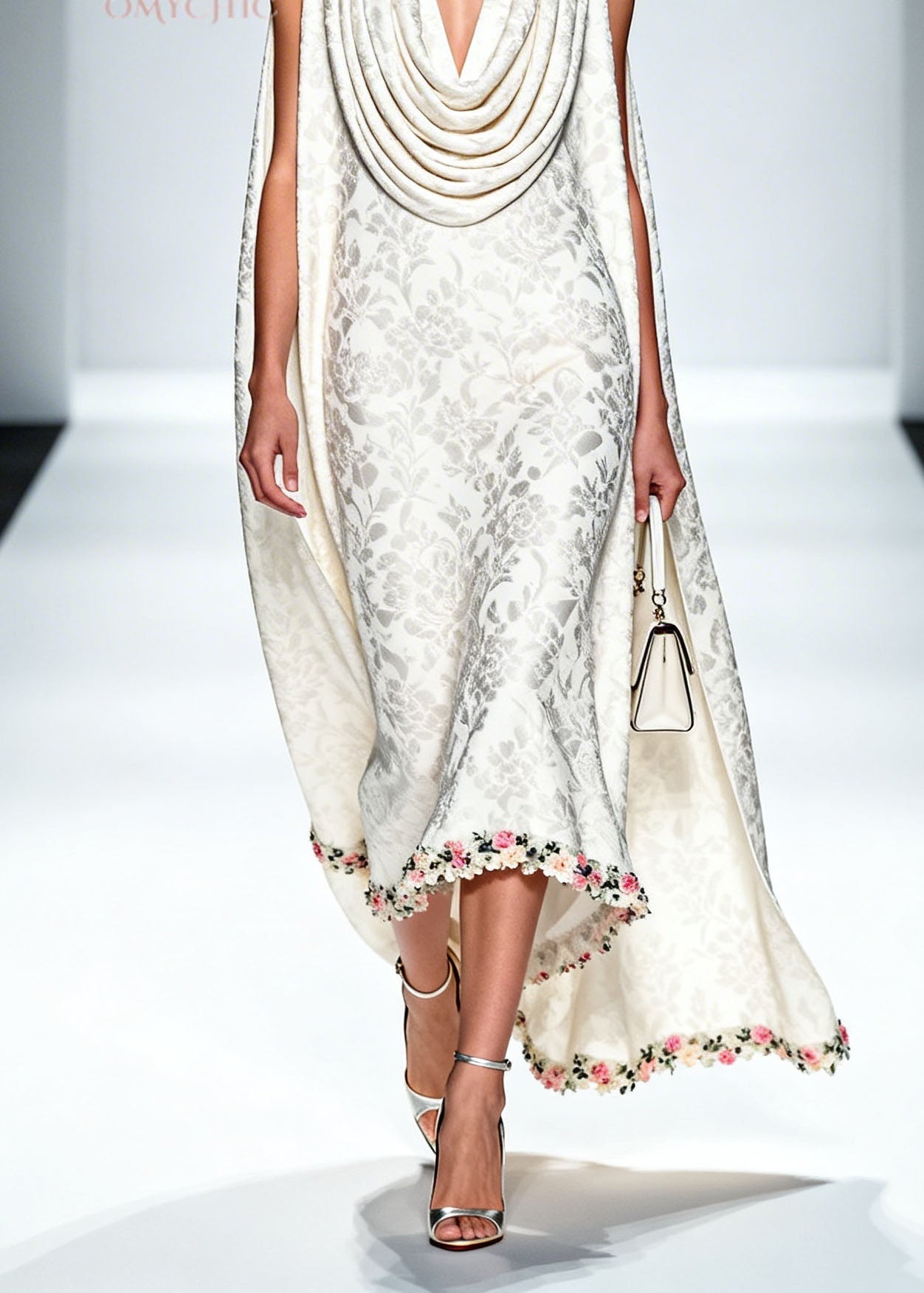 Jacquard Cowl Collar Cape Sleeveless Floral Applique Hem Midi Dress
