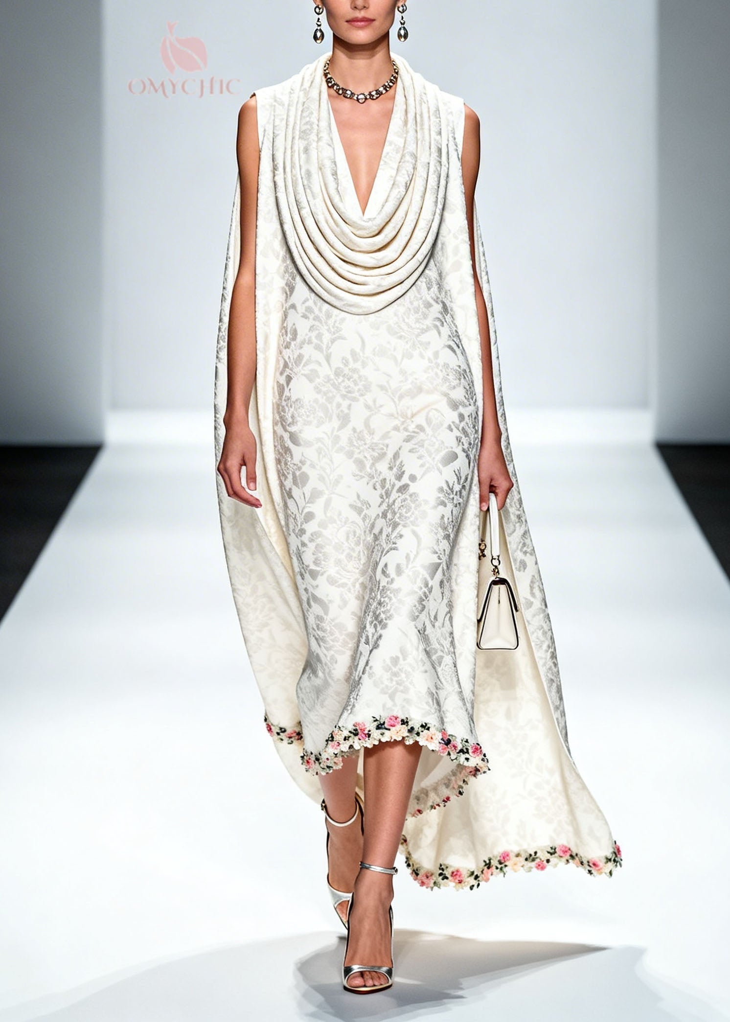 Jacquard Cowl Collar Cape Sleeveless Floral Applique Hem Midi Dress