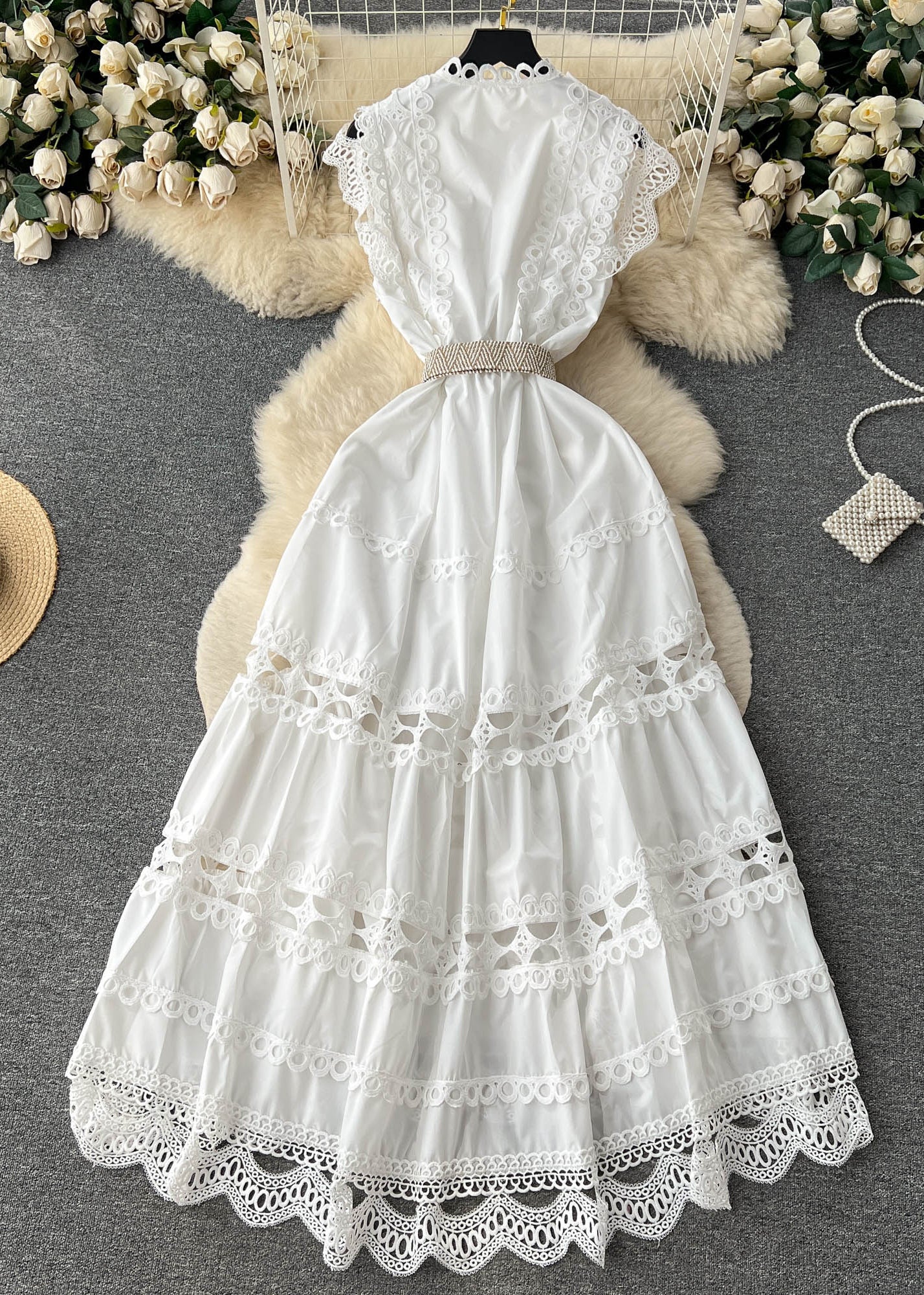 Eyelet Lace Ruffle Mandarin Collar Sleeveless Button Front Tiered Maxi Dress