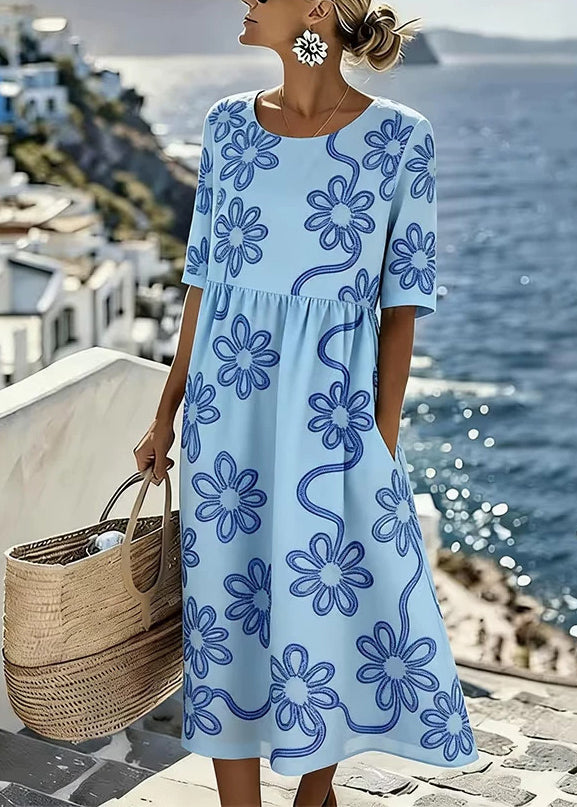 New White O Neck Print Pockets Chiffon Maxi Dress Summer - View 2