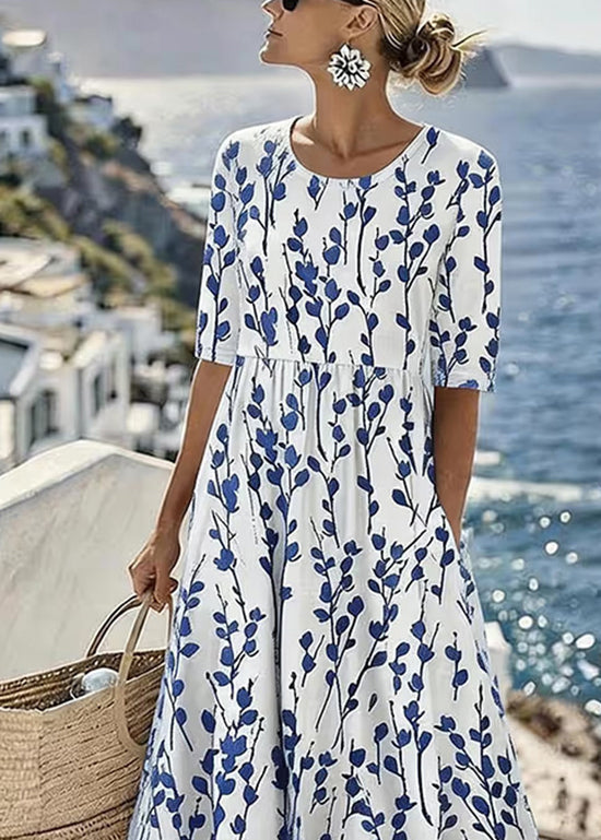 New White O Neck Print Pockets Chiffon Maxi Dress Summer - View 3