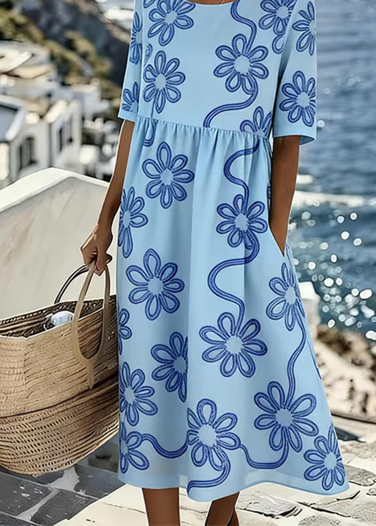 New White O Neck Print Pockets Chiffon Maxi Dress Summer - View 4