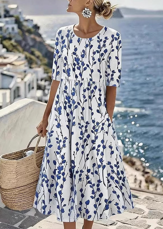 New White O Neck Print Pockets Chiffon Maxi Dress Summer - View 5