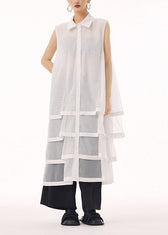 New White Peter Pan Collar Tulle Patchwork Cotton Maxi Dresses Sleeveless