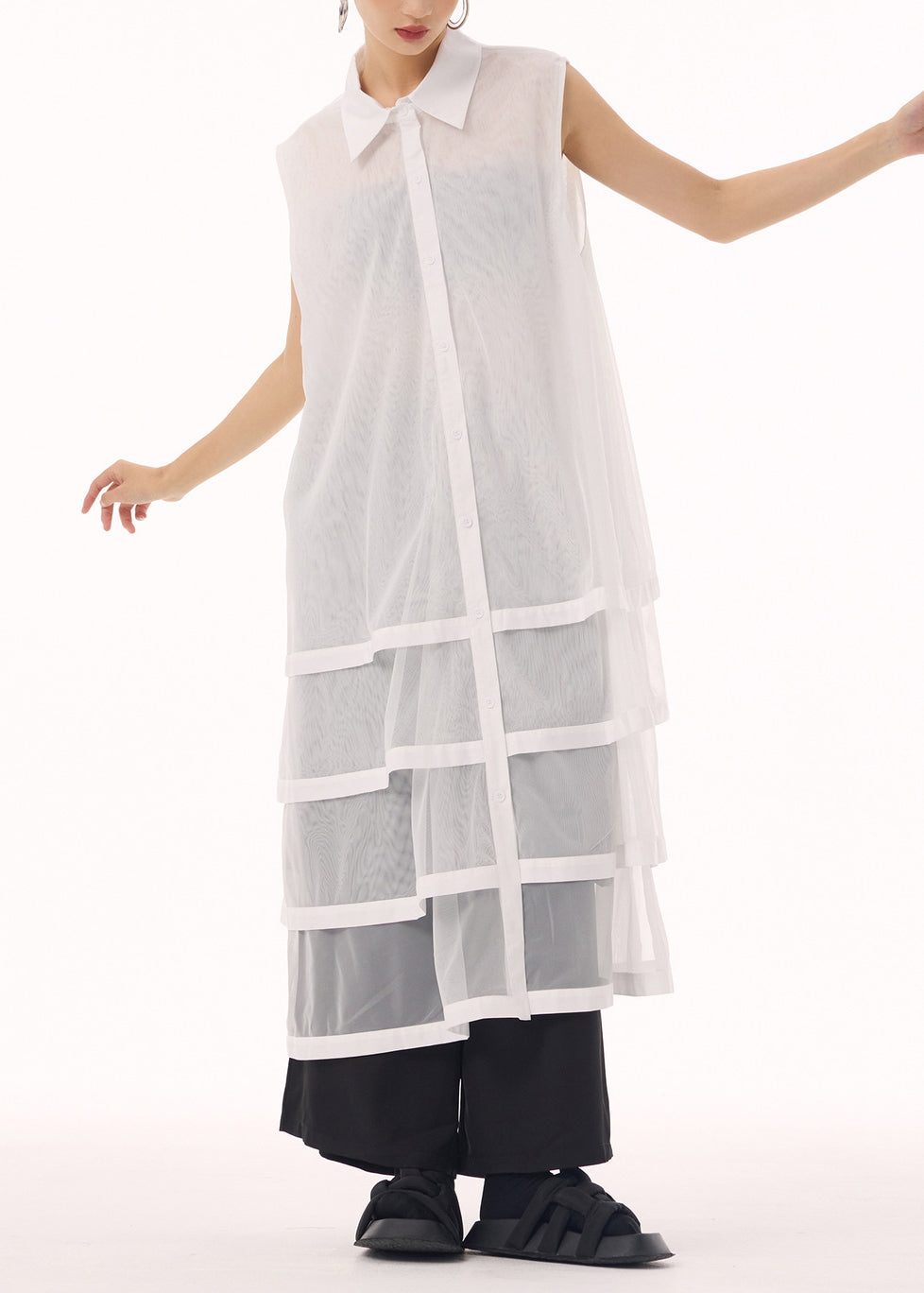 New White Peter Pan Collar Tulle Patchwork Cotton Maxi Dresses Sleeveless 2