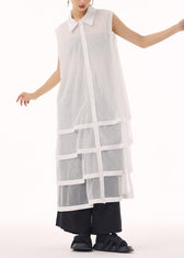 New White Peter Pan Collar Tulle Patchwork Cotton Maxi Dresses Sleeveless 2