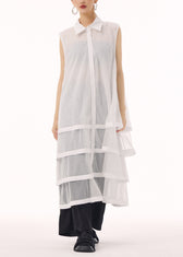 New White Peter Pan Collar Tulle Patchwork Cotton Maxi Dresses Sleeveless 3