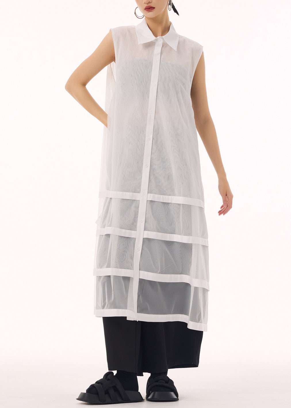New White Peter Pan Collar Tulle Patchwork Cotton Maxi Dresses Sleeveless 4