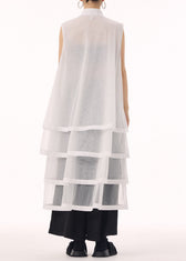New White Peter Pan Collar Tulle Patchwork Cotton Maxi Dresses Sleeveless 5