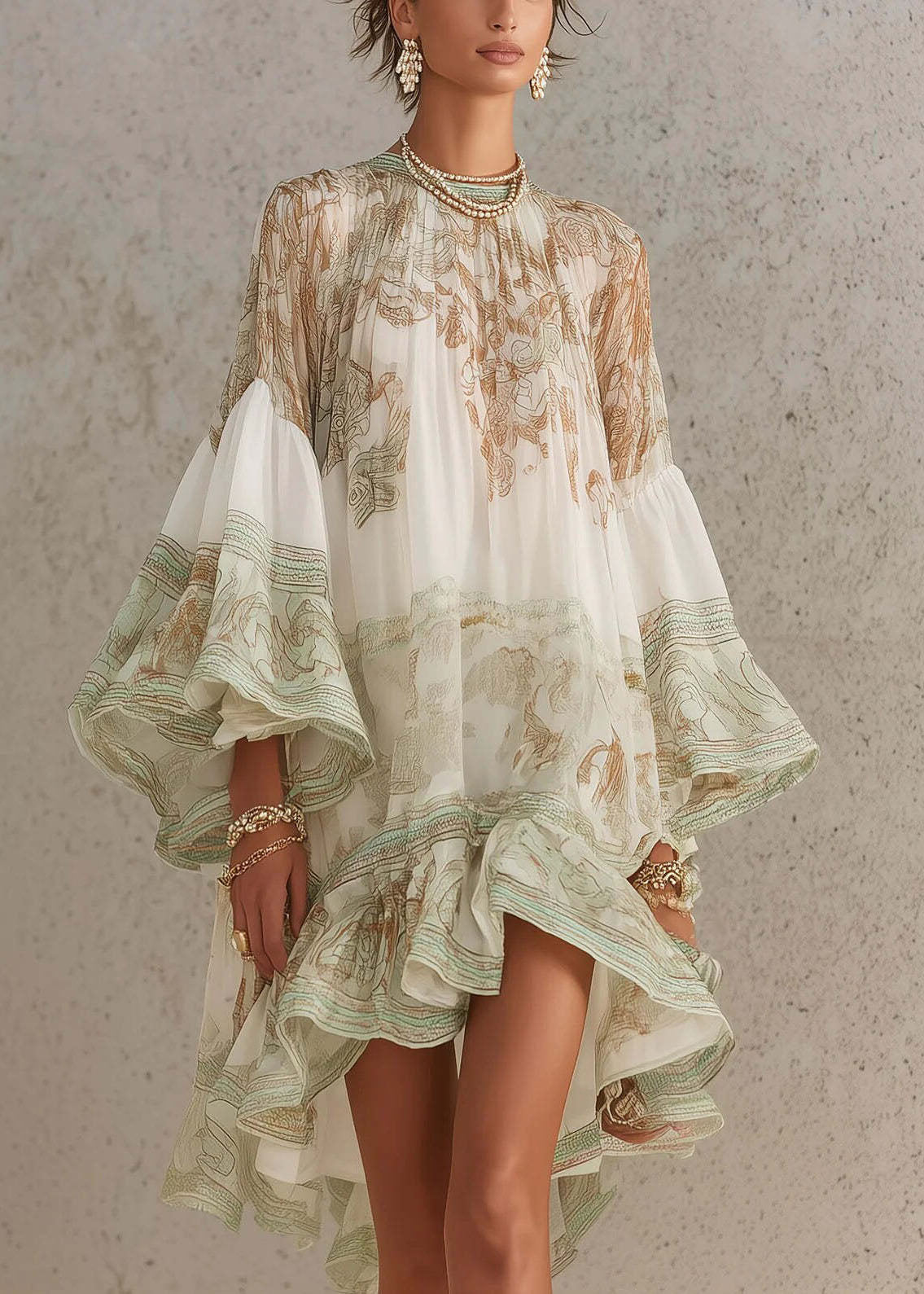 New White Print Ruffled Patchwork Chiffon Mid Dress Summer