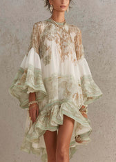 New White Print Ruffled Patchwork Chiffon Mid Dress Summer