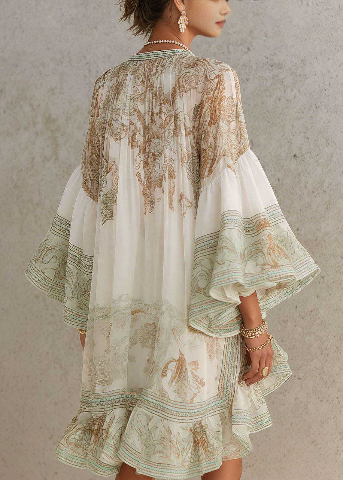New White Print Ruffled Patchwork Chiffon Mid Dress Summer 2