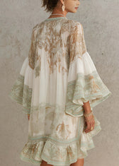 New White Print Ruffled Patchwork Chiffon Mid Dress Summer 2