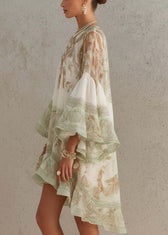 New White Print Ruffled Patchwork Chiffon Mid Dress Summer 3