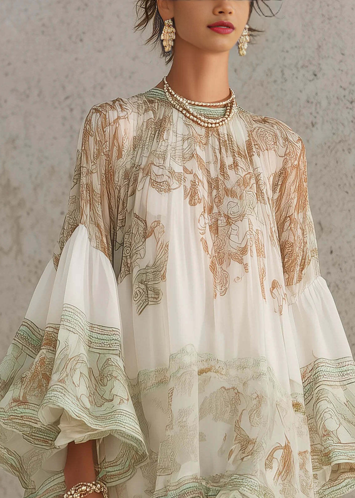 New White Print Ruffled Patchwork Chiffon Mid Dress Summer 4