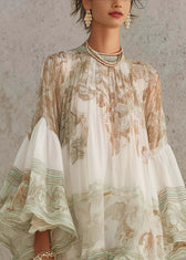 New White Print Ruffled Patchwork Chiffon Mid Dress Summer 4