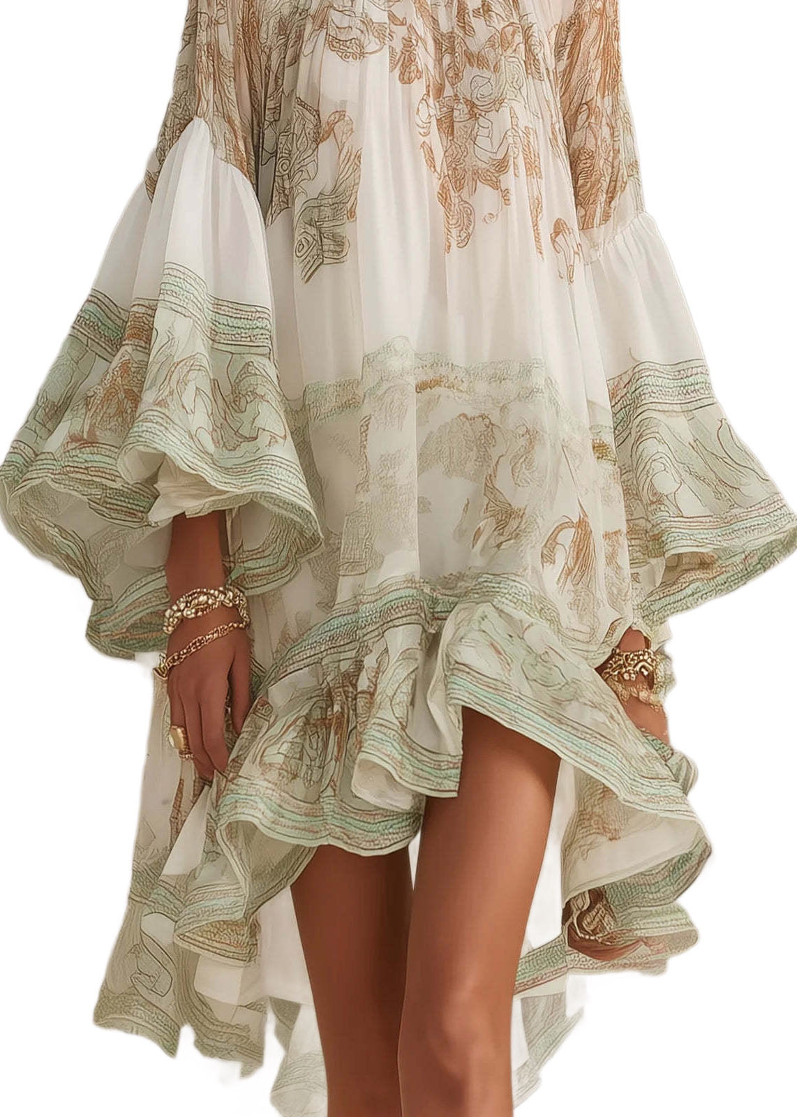 New White Print Ruffled Patchwork Chiffon Mid Dress Summer 5