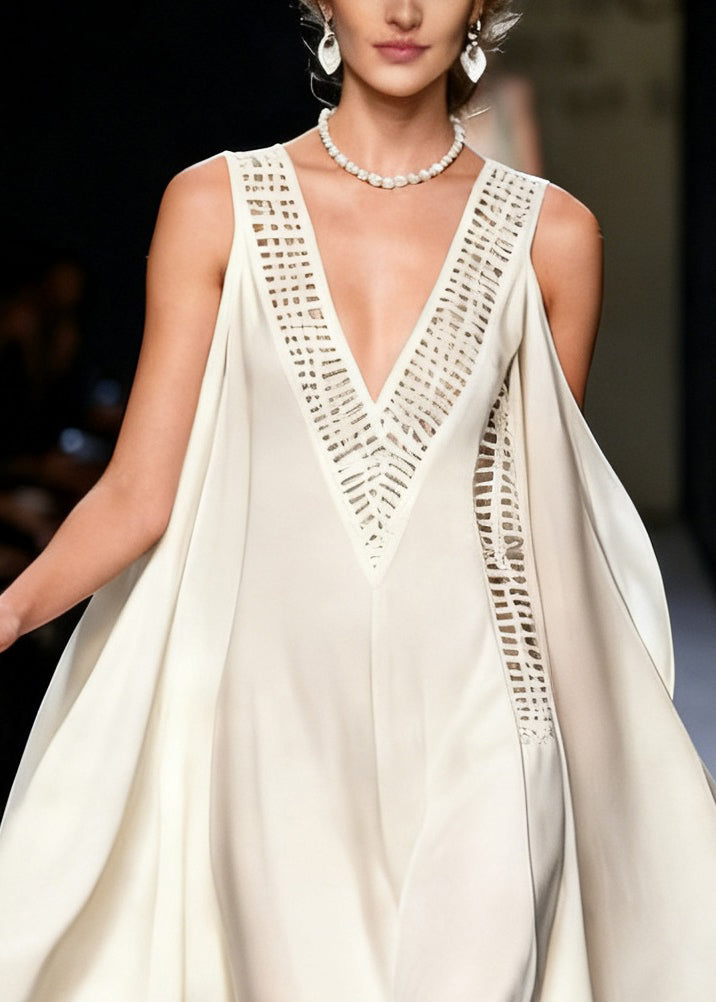 Deep V-Neck Sleeveless Lace Panel Chiffon Mini Dress