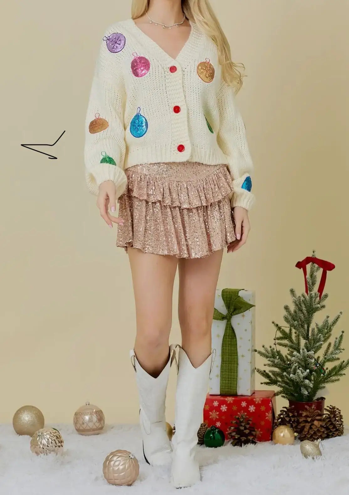 Sequin Ornament Patch V-Neck Button Front Chunky Knit Christmas Cardigan 5