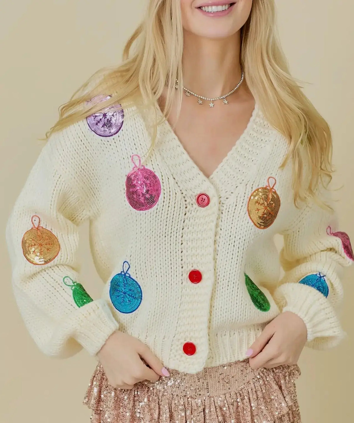 Sequin Ornament Patch V-Neck Button Front Chunky Knit Christmas Cardigan