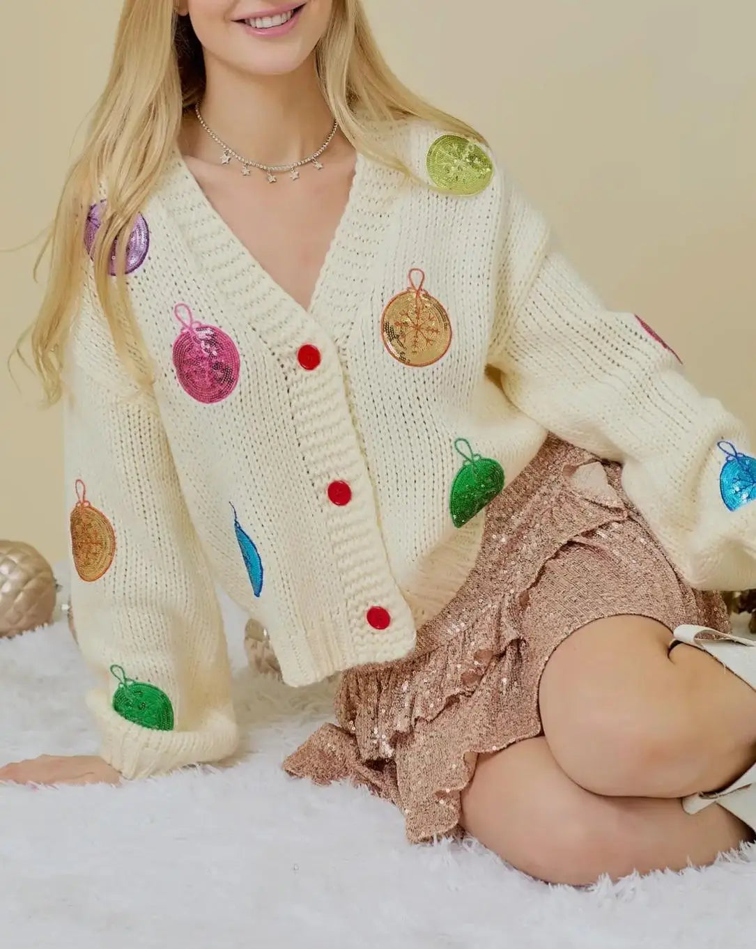 Sequin Ornament Patch V-Neck Button Front Chunky Knit Christmas Cardigan 4