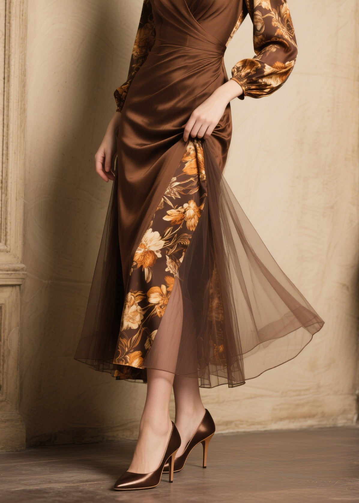 Floral Print V-Neck Wrap Puff Sleeve Mesh Overlay Midi Dress