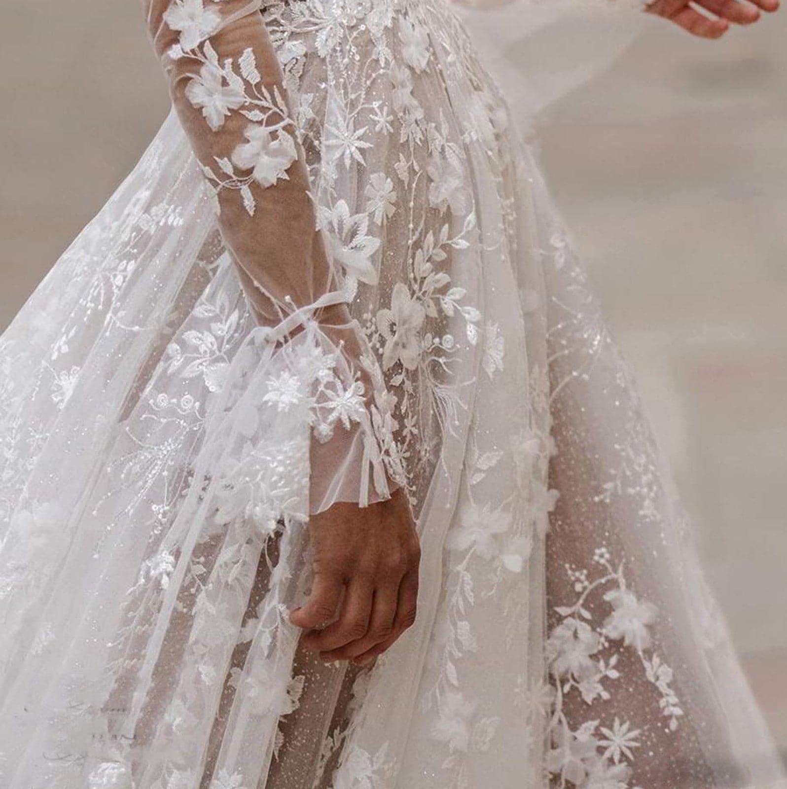 Lace Floral Deep V-Neck Long Sleeve Trumpet Cuff Mesh Prom Gown