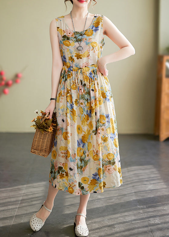 Floral Print Round Neck Drawstring Tie Waist Sleeveless A-Line Midi Dress
