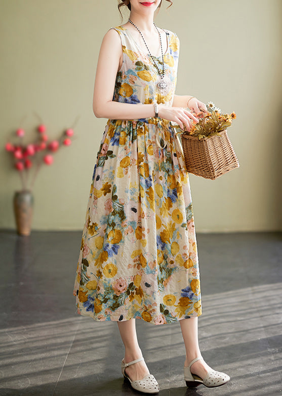 Floral Print Round Neck Drawstring Tie Waist Sleeveless A-Line Midi Dress