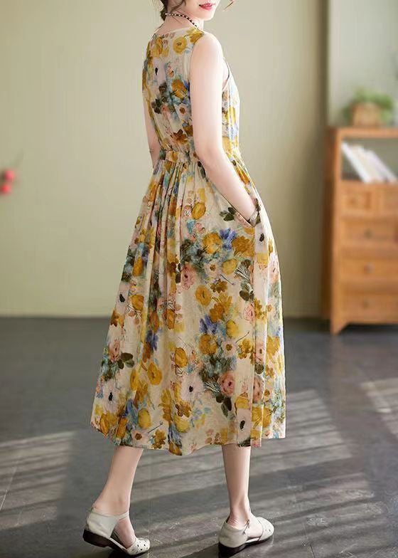 Floral Print Round Neck Drawstring Tie Waist Sleeveless A-Line Midi Dress