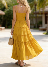 New Yellow Ruffled Patchwork Chiffon Spaghetti Strap Dress Summer 2