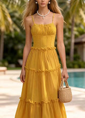 New Yellow Ruffled Patchwork Chiffon Spaghetti Strap Dress Summer 3