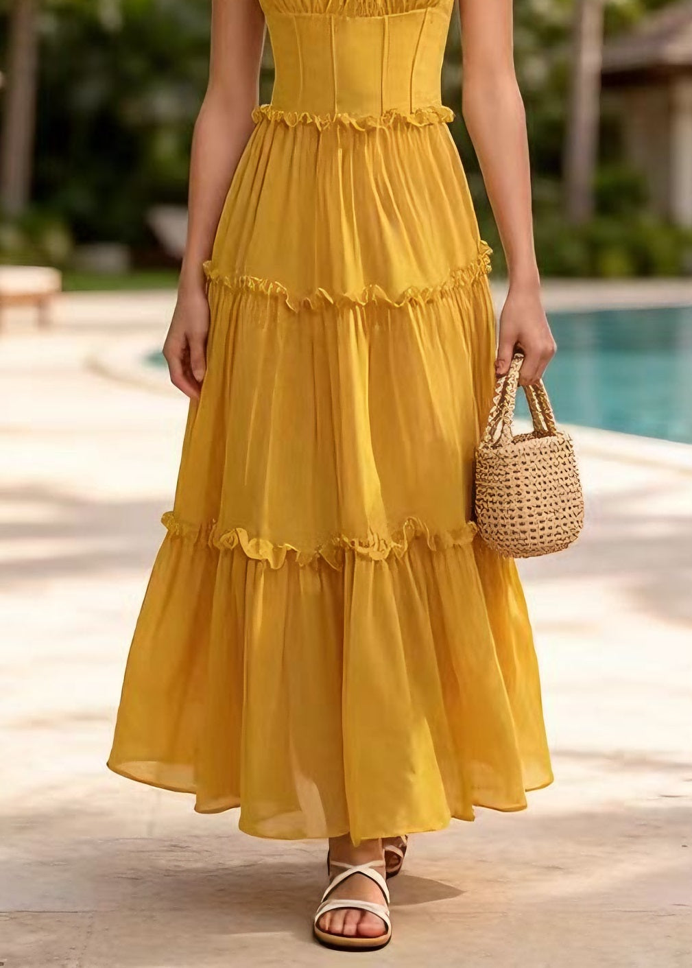 New Yellow Ruffled Patchwork Chiffon Spaghetti Strap Dress Summer 4