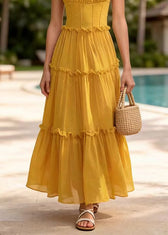 New Yellow Ruffled Patchwork Chiffon Spaghetti Strap Dress Summer 4