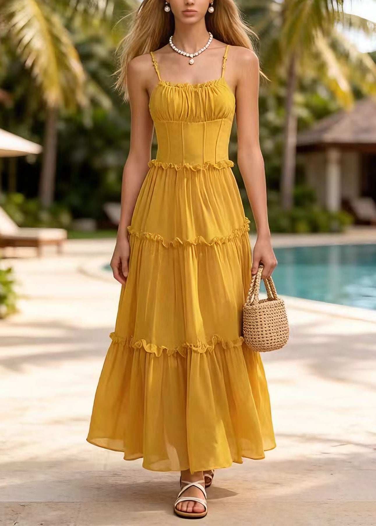 New Yellow Ruffled Patchwork Chiffon Spaghetti Strap Dress Summer 5