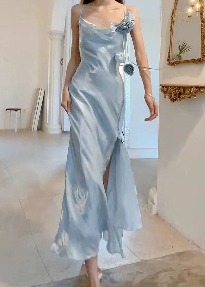 One Shoulder Rosette Trim High Split Ruffle Hem Satin Maxi Gown