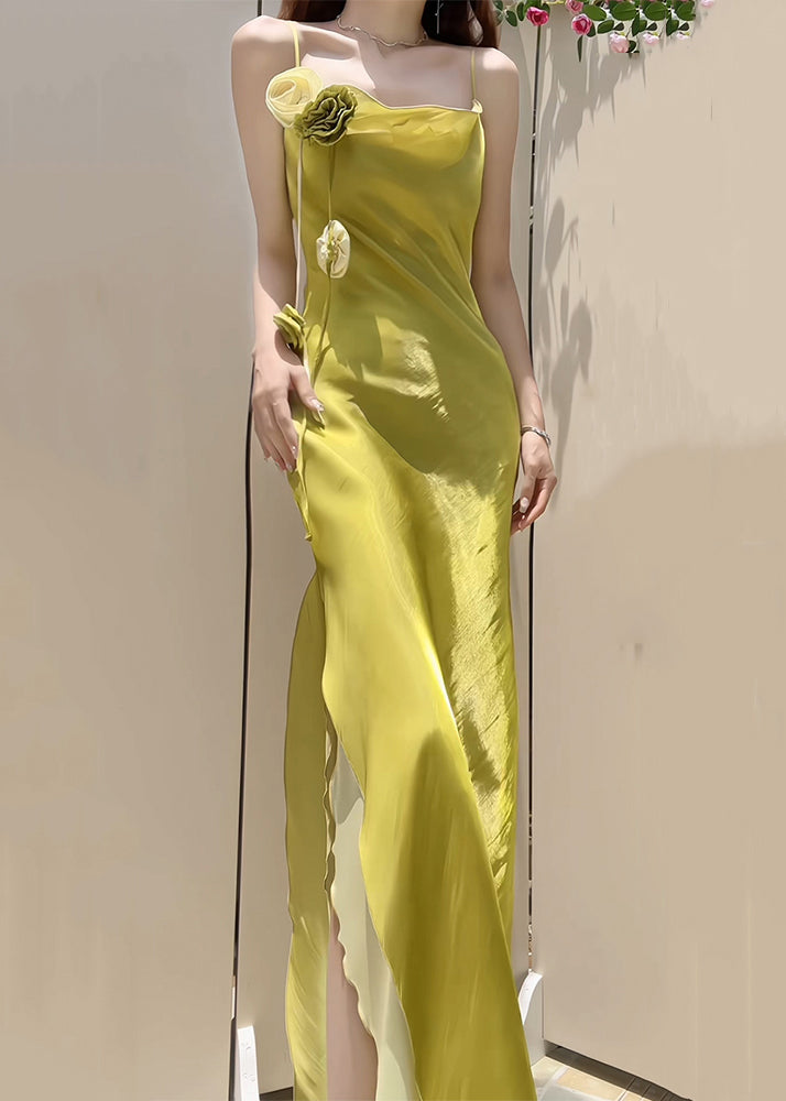 One Shoulder Rosette Trim High Split Ruffle Hem Satin Maxi Gown