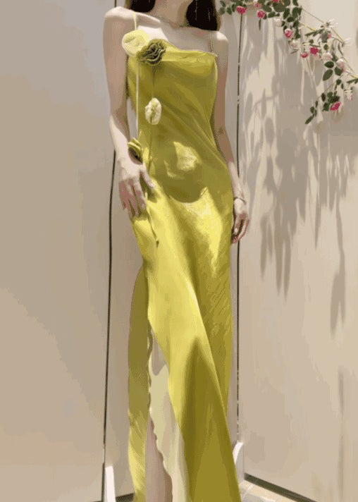 One Shoulder Rosette Trim High Split Ruffle Hem Satin Maxi Gown