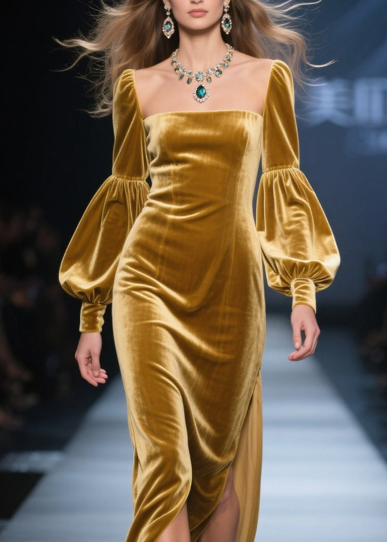 Square Neck Lantern Sleeve Velvet High Split Maxi Dress 2